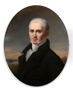 Portrait D"homme En Buste Dans Un Paysage Dans Un Ovale Peint