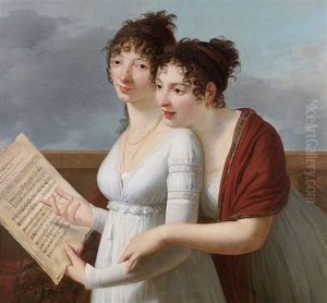 Portrait De Deux Soeurs Lisant Un Livret D'alexandre Duval by Robert Jacques Francois Faust Lefevre