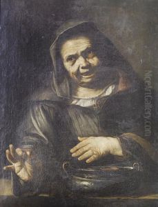 Portrait Of An Old Lady Cooking Chestnuts In Abrazier