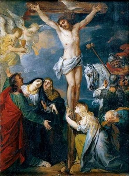 Christ En Croix Entoure De La Vierge Soutenue Par Saint Jean, Marie-madeleine Et Des Soldats - view 1