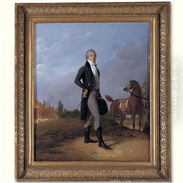 Portrait Of Alexis Gedeon, Wearing A Blue Jacket And Holding A Whip And Top Hat, His Horse Is Tethered To A Tree Nearby (collab. W/carle Vernet) - view 1