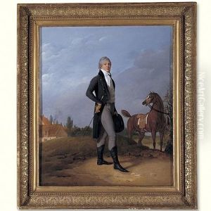 Portrait Of Alexis Gedeon, Wearing A Blue Jacket And Holding A Whip And Top Hat, His Horse Is Tethered To A Tree Nearby (collab. W/carle Vernet)