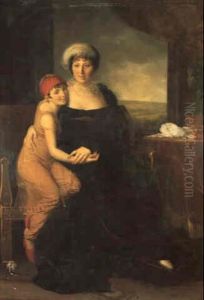 Portrait D'une Dame Assise, De Plein-pied, Portant Une Robe Bleue Avec Sa Fille Vetue A La Turque, De Plein-pied, Sur