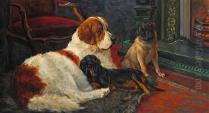 A St Bernard, A Pug And A Dachshund Seated By A Fire by Jean Lefort