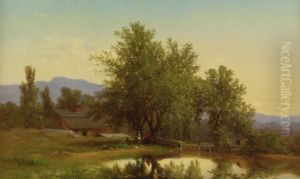 Landscape With Pond, Barn And Figures by Albert (Fitch) Bellows