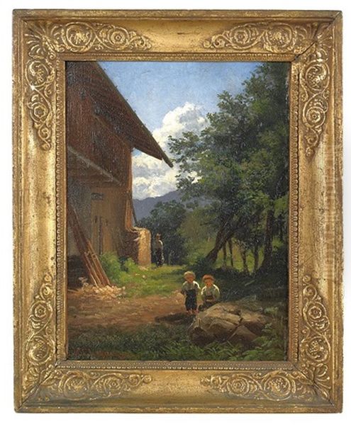 Landscape Depicting Two Children Outside Of A Barn - view 1