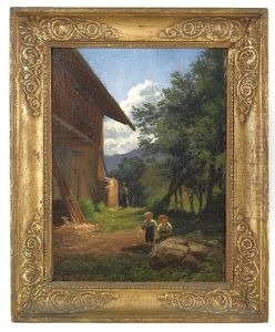 Landscape Depicting Two Children Outside Of A Barn by Nikolay Tysland Leganger