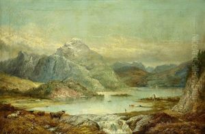 Scottish Countryside With Cows Grazing Near A Lake by Alexander Leggatt