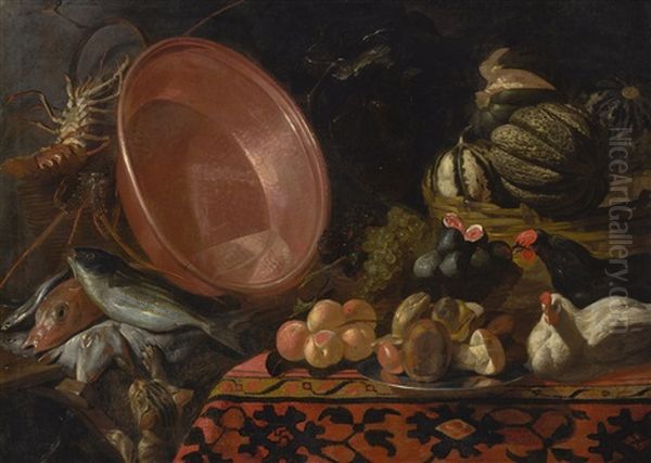 A Kitchen Interior, With Fruit, Vegetables, Fish, Chickens And Other Food On A Table, A Cat Pawing At The Fish Lower Left - view 1