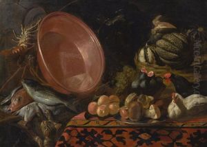 A Kitchen Interior, With Fruit, Vegetables, Fish, Chickens And Other Food On A Table, A Cat Pawing At The Fish Lower Left