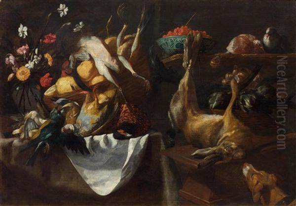 Kuchenstillleben Mit Jagdbeute Und Einem Hund - view 1