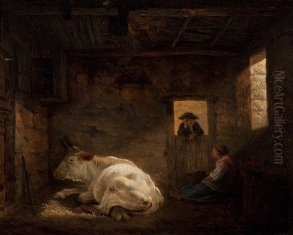 A Cow Resting In The Stable With A Farmer Conversing With A Milkmaid - view 1