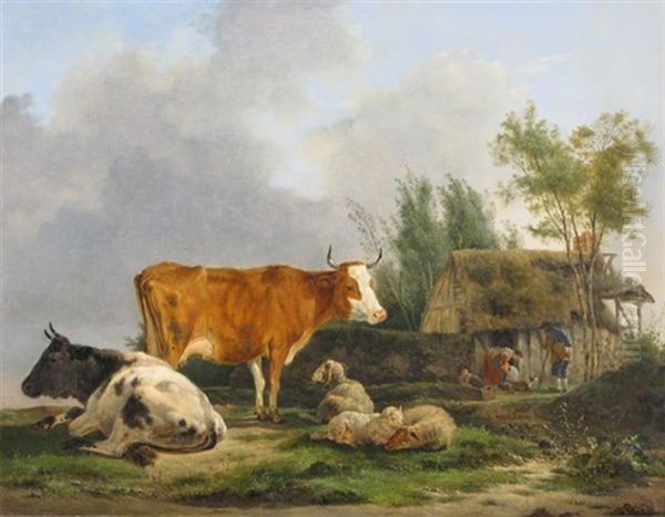 Cattle And Sheep By An Old Thatch Cottage With A Family And Their Dog - view 1