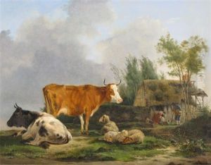 Cattle And Sheep By An Old Thatch Cottage With A Family And Their Dog by Jean-Francois Legillon