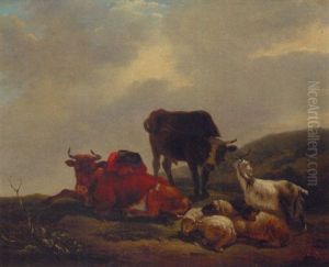 A Landscape With A Herdsman Resting Amongst Cattle And Sheep