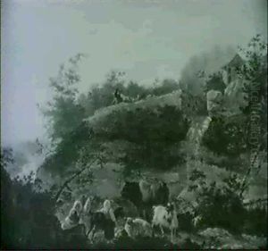 A Rocky Landscape With Shepherdesses Watching Over Their Livestock Before A Waterfall by Jean-Francois Legillon