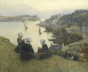 Breton Girls On The Cliffs Above The Port Of Audierne by Fernand Marie Eugene Legout-Gerard