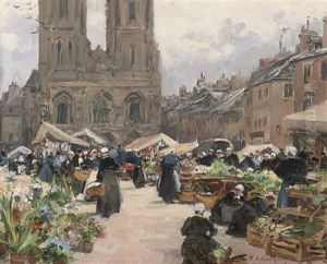 Marche Pres D'eglise De Notre-dame, Saint Lo by Fernand Marie Eugene Legout-Gerard