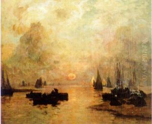 Bretonnes Attendant Les Pecheurs Au Soleil Couchant by Fernand Marie Eugene Legout-Gerard
