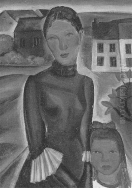 Mutter Mit Kind Vor Einer Dorflandschaft - view 1