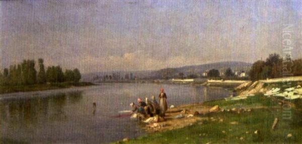 Lavandieres En Bord De Seine Au Trou Du Moulin Pris De Carriere Sous Bois - view 1