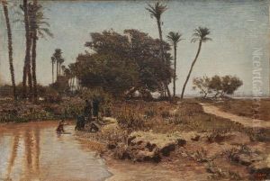 Bain Dans L'oasis. Gizeh. by Leon-Auguste-Adolphe Belly