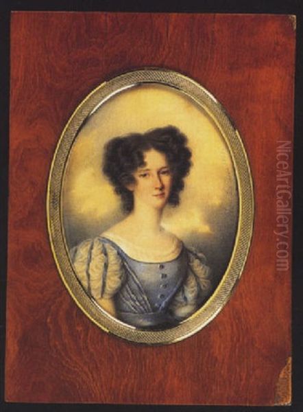 A Young Lady Wearing Blue Dress With Blue And White Sleeves, White Underdress, Her Dark Brown Hair Curled - view 1