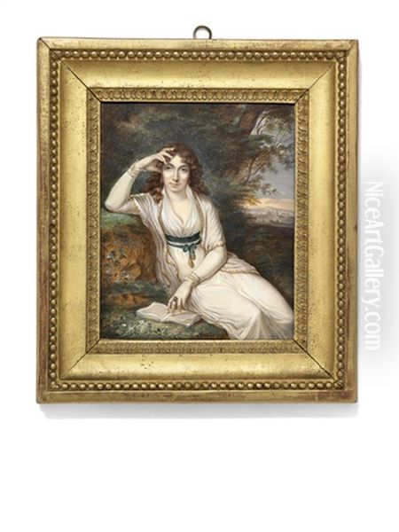 A Lady In White Dress, Seated In A Landscape With A Book - view 1