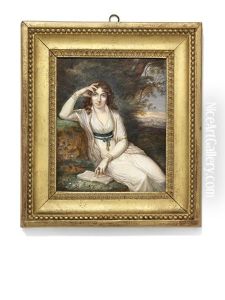 A Lady In White Dress, Seated In A Landscape With A Book