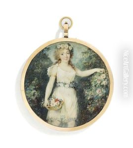 A Young Lady In A Rose Garden, In White Dress With Pink Roses Adorning Her Waist And Fair Hair, Holding A Basket Of Roses In Her Right Hand by Etienne Charles Leguay