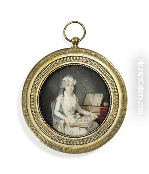 A Young Lady, In White Dress With Lace-trimmed Shawl, Pink Roses Adorning Her Powdered Hair, Seated On A Blue Upholstered Chair, A Drawing Of A Boy And Folio In Her Lap - view 1