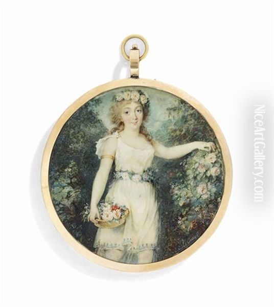 A Young Lady In A Rose Garden, In White Dress With Pink Roses Adorning Her Waist And Fair Hair, Holding A Basket Of Roses In Her Right Hand, Her Left Hand Picking A Flower From A Rosebush - view 1