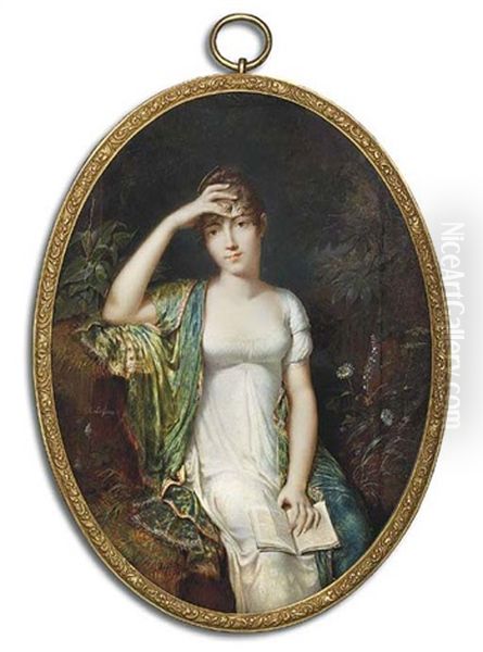 A Young Lady Formerly Called Pauline Bonaparte, Princess Borghese, Seated On A Grassy Bank Holding An Open Book In Her Left Hand, In White Dress, Cashmere Stole, Her Right Arm Raised To Her Forehead - view 1