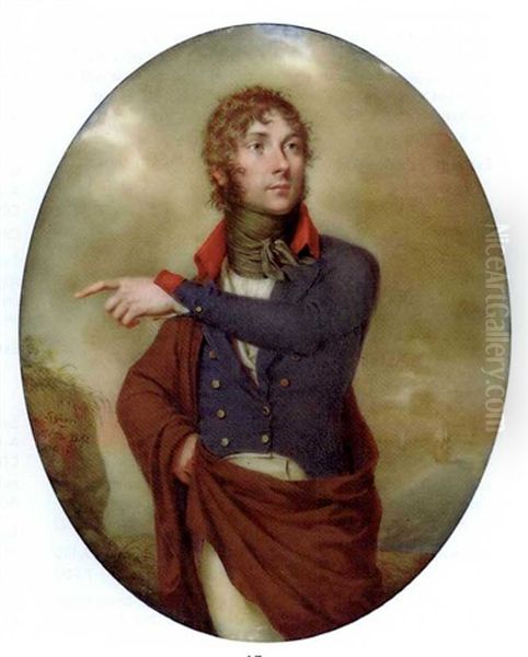 A Young Gentleman With His Left Hand Raised, In Blue Coat With Gold Buttons And Red Collar And Cuffs, Cream Coloured Trousers, White Waistcoat And Knotted Black Cravat, Brown Cloak, Curling Brown Hair - view 1