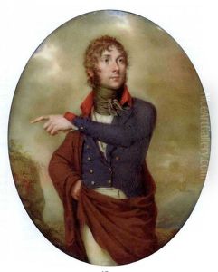 A Young Gentleman With His Left Hand Raised, In Blue Coat With Gold Buttons And Red Collar And Cuffs, Cream Coloured Trousers, White Waistcoat And Knotted Black Cravat, Brown Cloak, Curling Brown Hair by Etienne Charles Leguay
