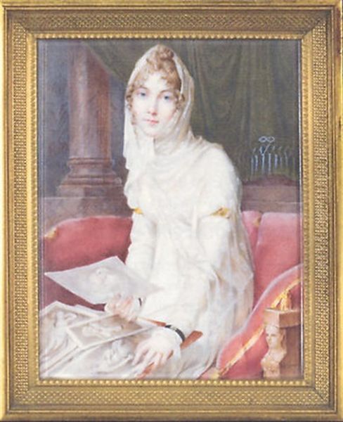 A Portrait Of The Artist's Wife, Marie-victoire Jaquotot, In A White Dress And Scarf, Seated In A Chair Holding Drawings; In An Interior - view 1