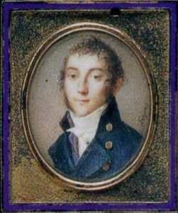 A Gentleman, In Blue Coat With Black Collar And Gold Buttons, Pale Blue And Red Striped Waistcoat, White Shirt