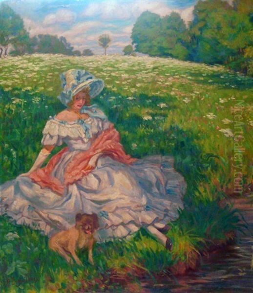 Femme En Robe Blanche Assise Dans L'herbe - view 1