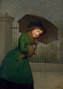 Regenwetter - Junge Frau Mit Pelzbesetztem Mantel Und Regenschirm Eine Promenade Entlang Laufend by Edvard Lehmann