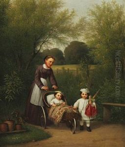 A Nanny With Two Children, A Girl With A Doll And A Boy In A Pram by Edvard Lehmann