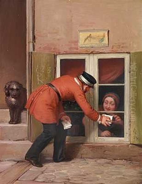 Et Postbud Afleverer Et Brev Til En Dame Ved Et Kaeldervindue, Mens Hunden Kigger Pa - view 1