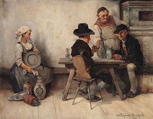 Wirt Mit Zwei Trinkern In Der Stube, Seitlich Junges Madchen Beim Zinn Putzen by Leonhard Wilhelm Lehmann
