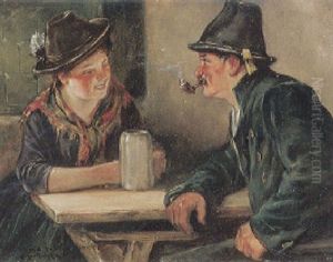 Plauderndes Oberbayerisches Trachtenpaar Am Biertisch