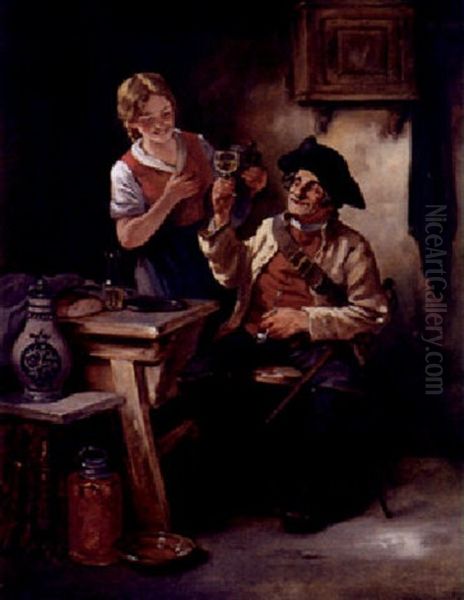 Alter Depeschenreiter Mit Blonder Magd In Einer Schenke - view 1