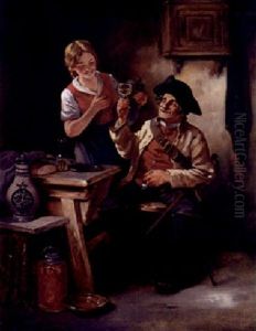 Alter Depeschenreiter Mit Blonder Magd In Einer Schenke by Leonhard Wilhelm Lehmann