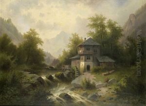 Landschaft Mit Einer Wassermuhle An Einem Reissenden Gebirgsflus