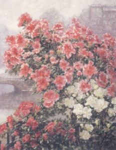 Rhododendrons, With A Town Beyond by Hildegard Lehnert