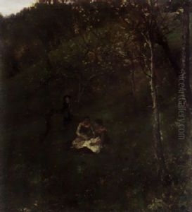 Zwei Oberbayerische Bauerinnen Und Ein Knabe Am Wiesenhang by Wilhelm Leibl