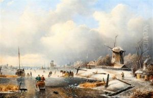 Dutch Winter Scene With Skaters On River Estuary, Windmills And Cottages To The Right With Village Beyond by Charles Henri Leickert