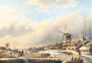 Dutch Winter Landscape With Skaters by Charles Henri Leickert